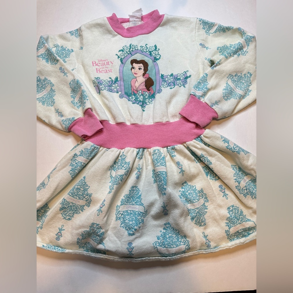 Vintage 90s Disney Beauty and The Beast Girls Dress Glitter Print Belle USA
